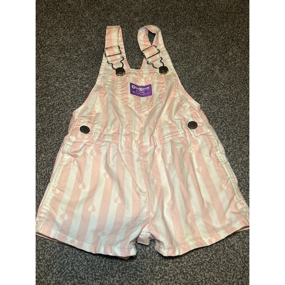 Vintage 90s Oshkosh toddler pink and white hearts overalls size 24M made in USA